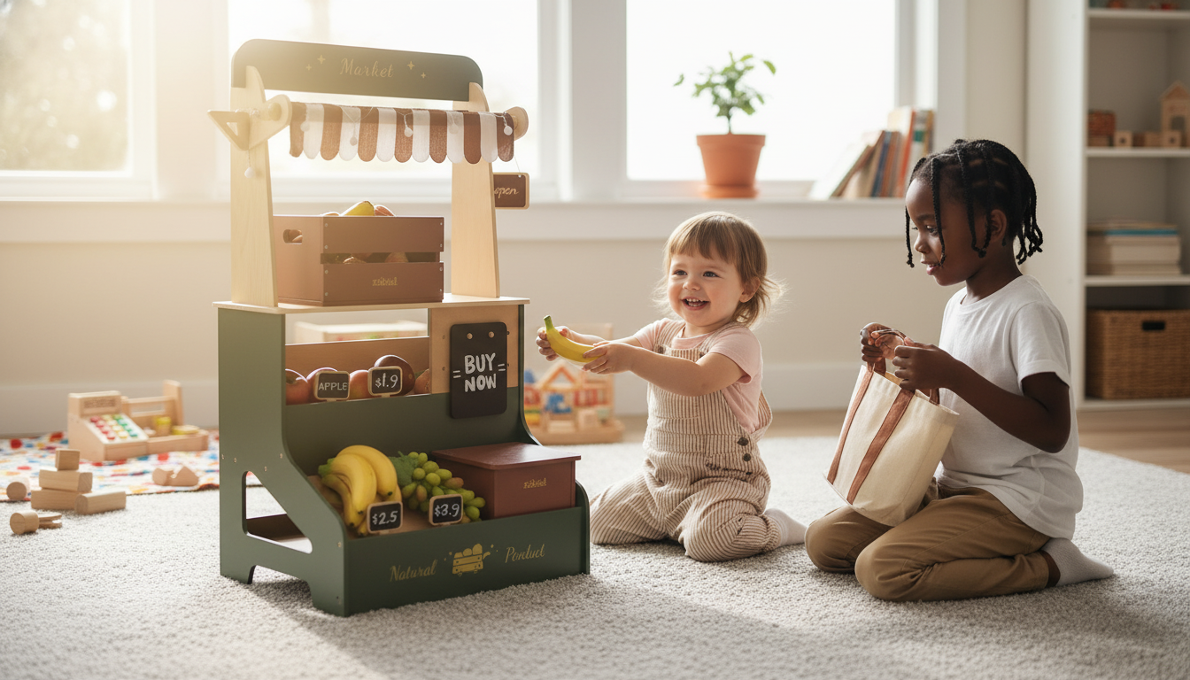 Wooden Supermarket Shop Playset: Market Stand Role Play