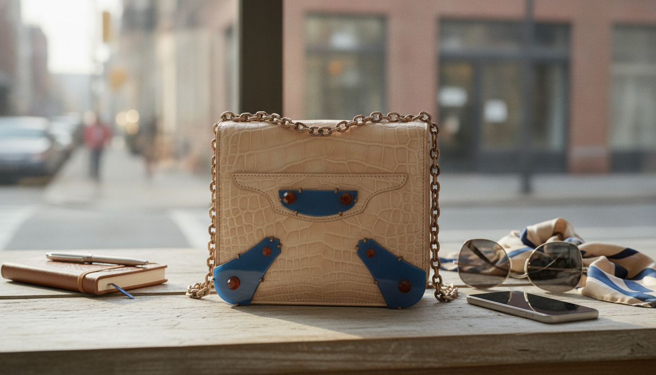 Balenciaga Neo Classic Mini Chain Bag: Croc, Beige & Blue