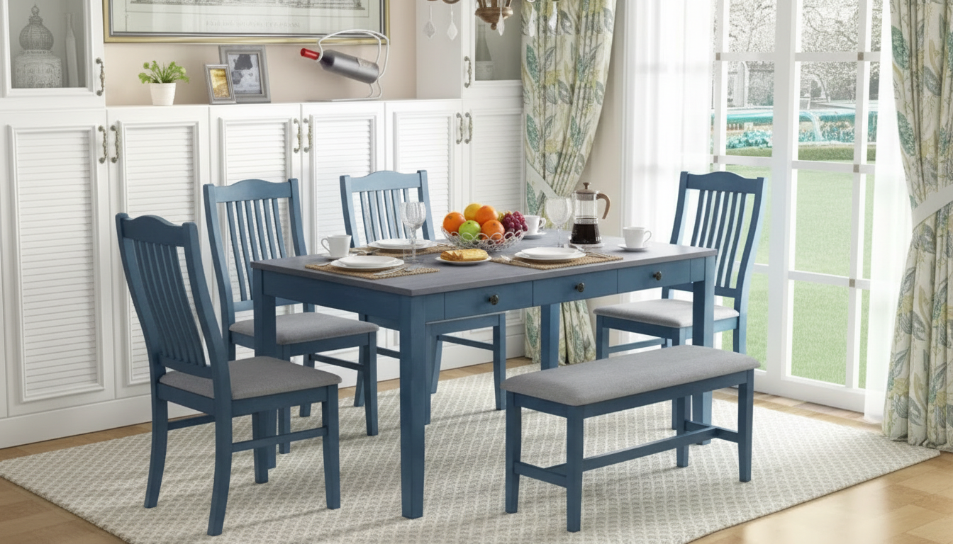 Farmhouse 6-Piece Dining Set: Upholstered Chairs + Bench